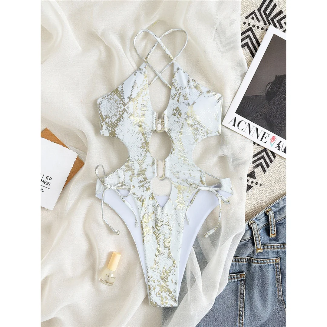 XS - L Neuer Badeanzug mit Schlangenhautmuster, U-Ausschnitt, Cut-Out-Design, einteilig, Damen-Badebekleidung, Monokini mit überkreuztem Rücken, Badeanzug, Schwimmanzug V7990 – Detail 4