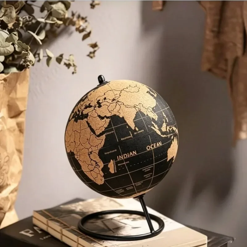 Vintage Globe Figurines Handmade Cork Surface Metal Stand Rotatable Figurines Nordic Desktop Ornament Home Decoration Crafts