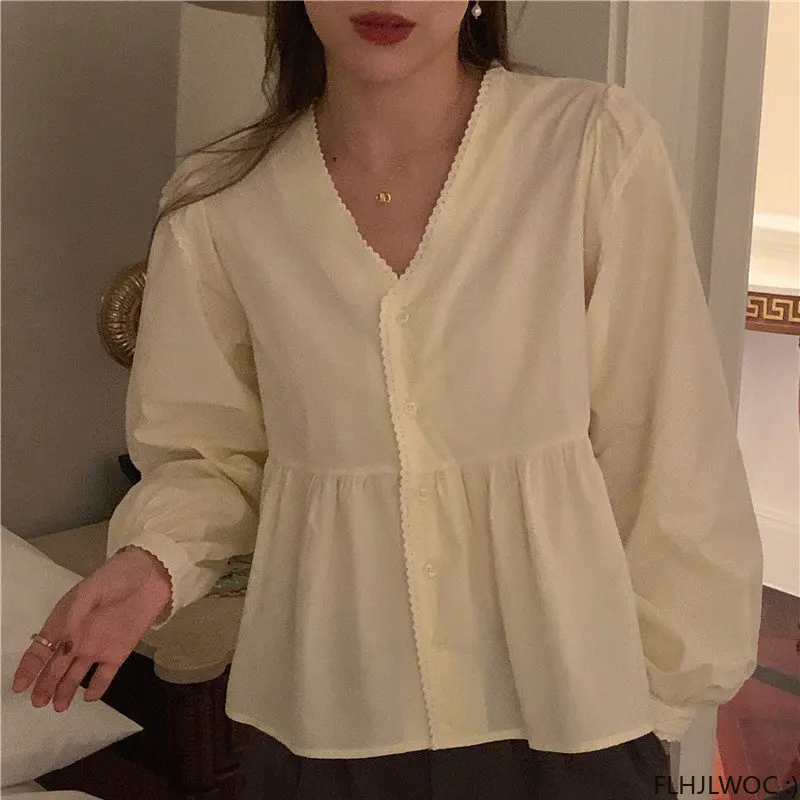 2023 New Basic Shirt Single Breasted Button Blouse Cute Preppy Style Japan Korea Chic Vintage White Women Cotton Peplum Tops