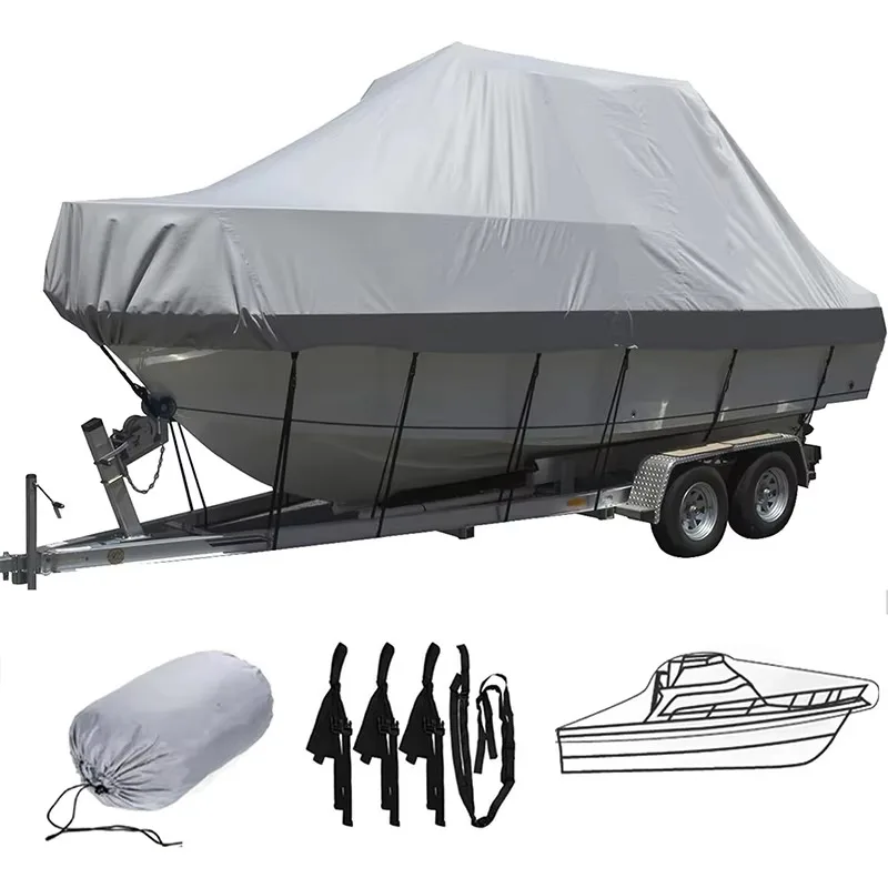 Heavy Duty 800D Marine Grade Polyester Boat Cover Waterproof V-Hull Cover for 14'-16' Trailerable Boats 5 Tightening Straps