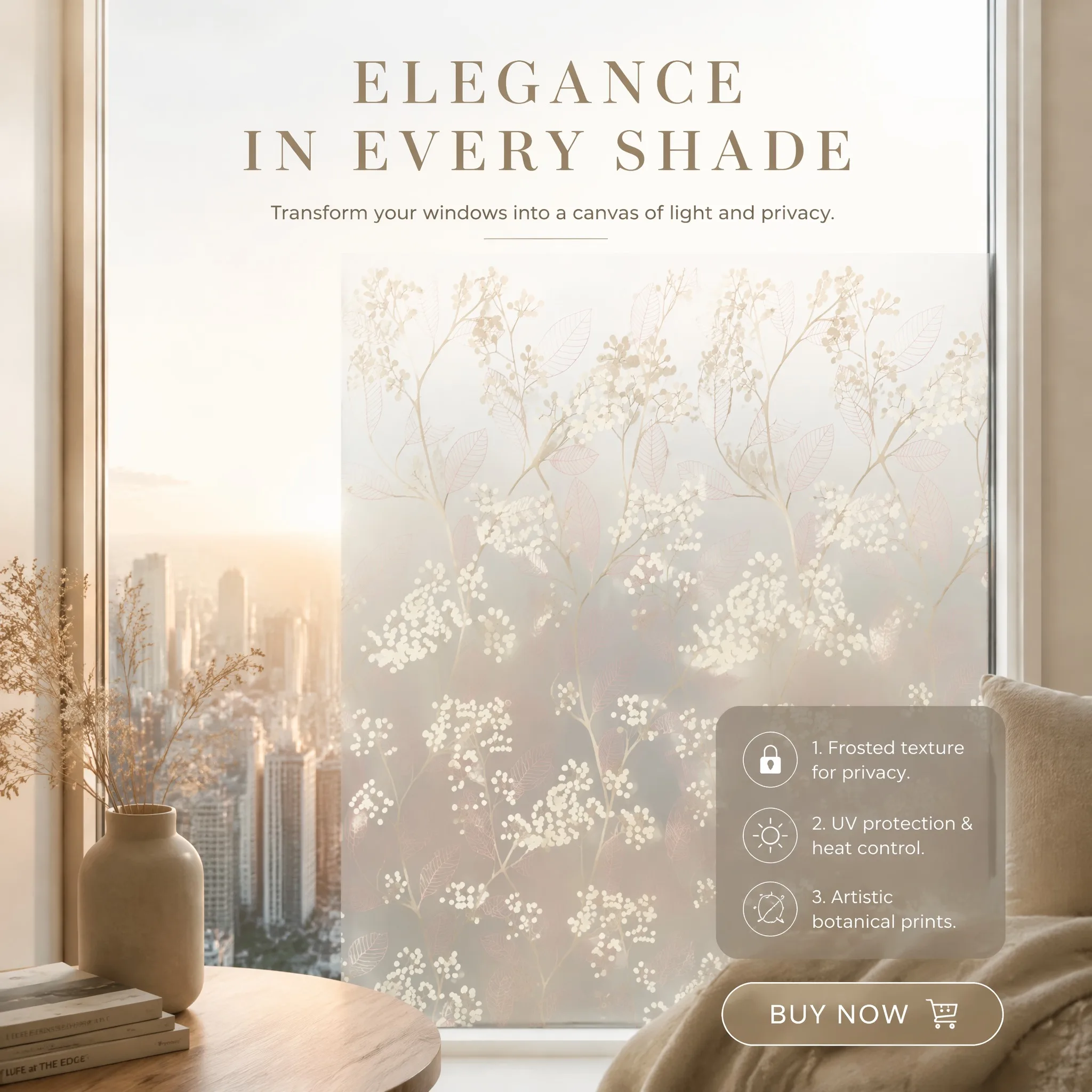 Película Adhesiva Esmerilada para Ventanas con Degradado de Hojas de Baya Grises y Decoración Floral con Vetas Rosas para Baño