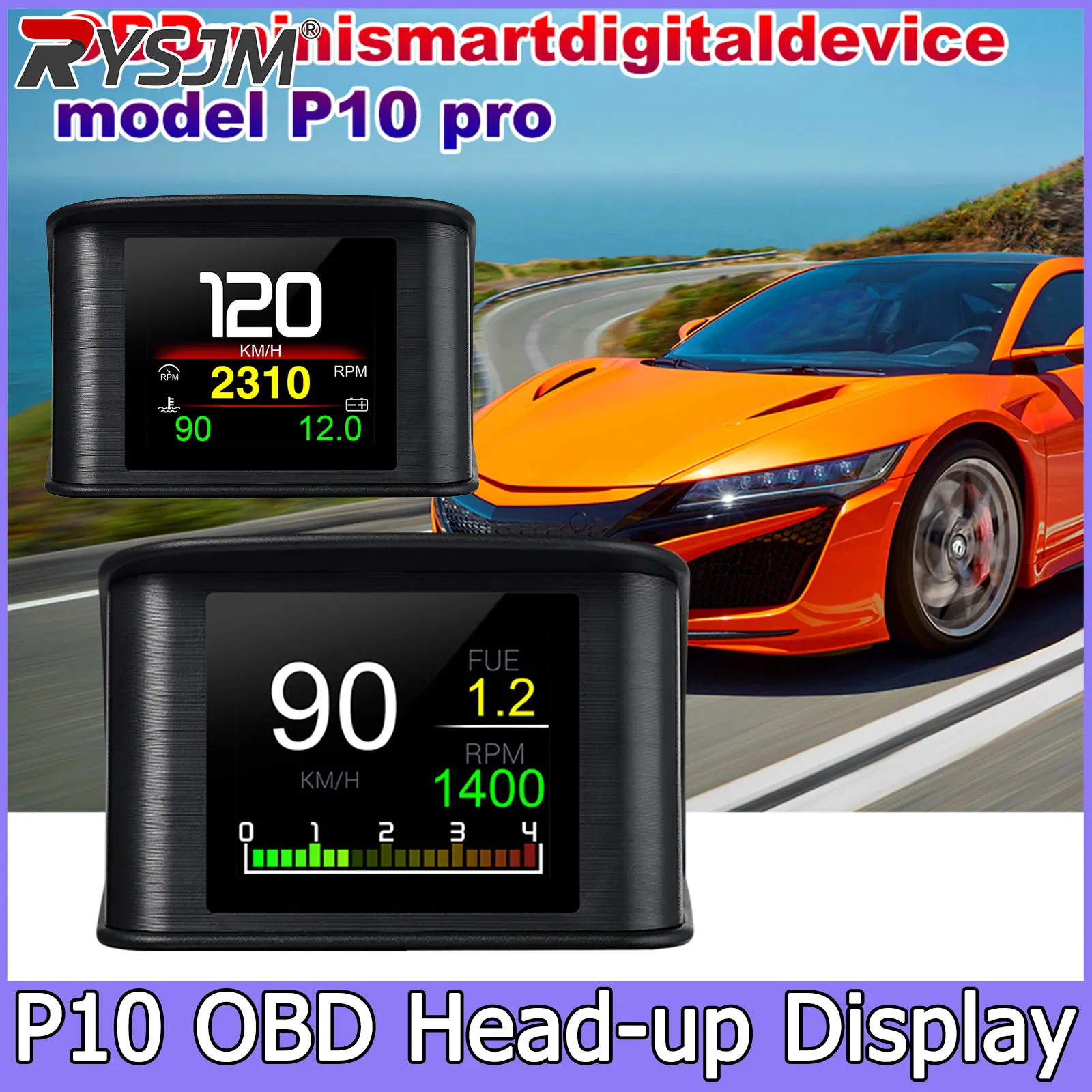 

P10-PRO Проекционный дисплей (HUD) OBD: Умный цифровой спидометр, сигнализация превышения скорости, тахометр, измеритель напряжения и температуры воды, бортовой компьютер