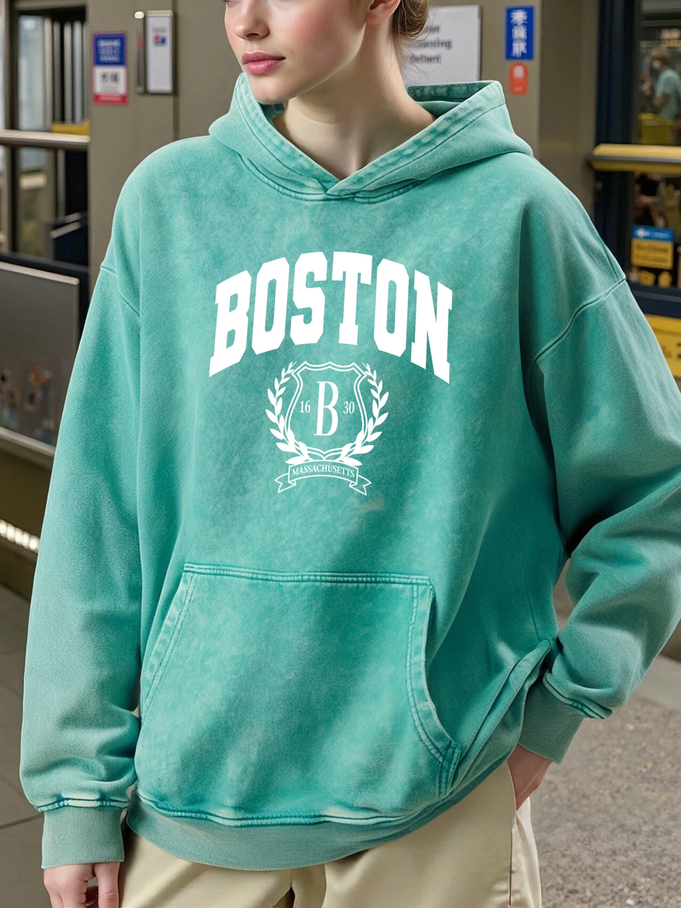 بوسطن الولايات المتحدة الأمريكية مدينة نمط المرأة هوديي فضفاض لينة غسلها هوديس عادية كل مباراة الشارع الشهير الخريف الشتاء القطن الإناث هودي #1