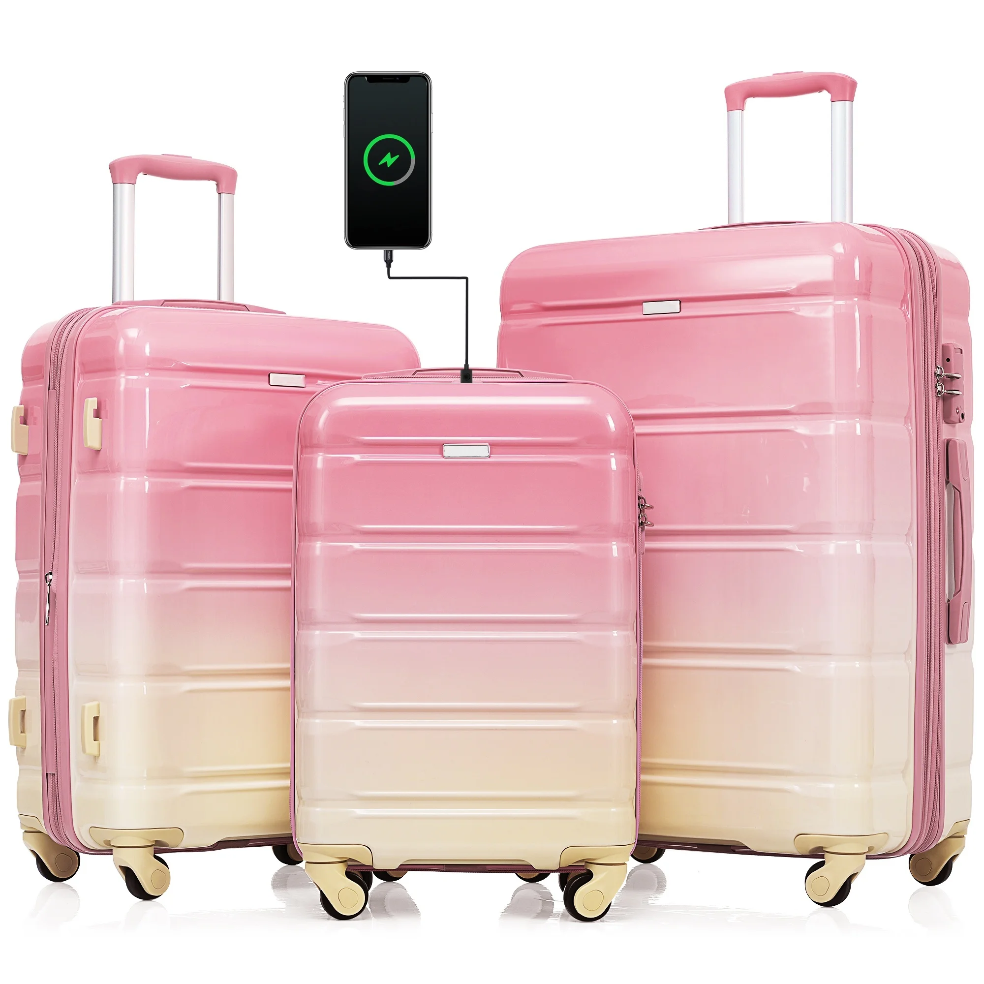 Zhuishu Bagage 3 Stuks Sets Abs Hardside Pak Case Met Spinner Wielen Lichtgewicht Tsa Lock Gradiënt Roze 20 "24" 28"