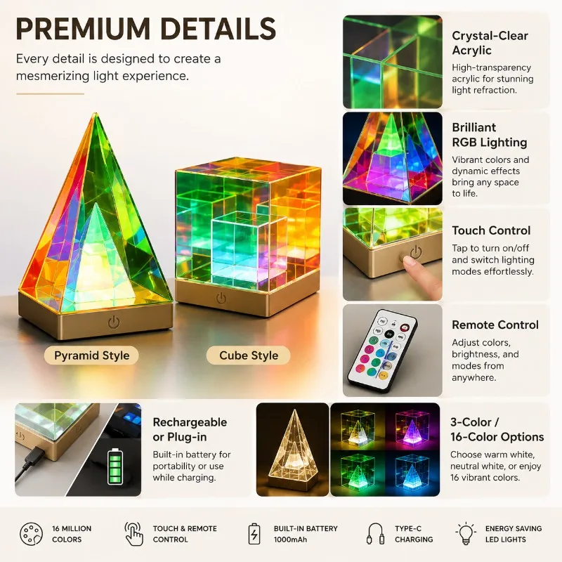 RGB 3D Illusion Cube Triangle Night Light Dimmable LED Table Lamp Remote Touch Control Bedroom Gaming Room Decor Gift Lamp