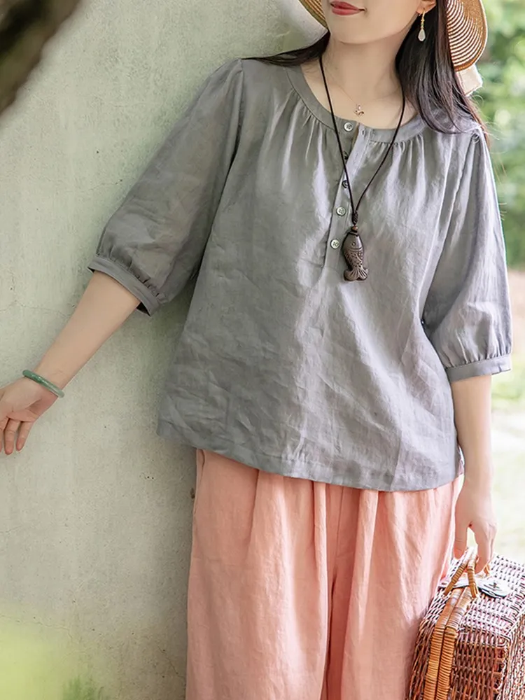 

Summer 2023 Women's Loose Fit Pure Color Linen Blend irt Color Woven round Neline Regular Sve Length Commute Sle