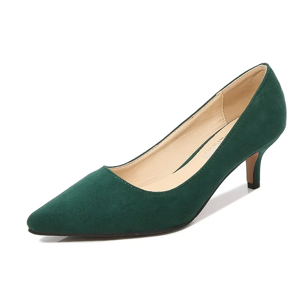 Low Heel Pumps Lady Pointed  Heels Female Green Flock Plus Size 46 Red Shoes 2023 Women 5cm High Heels Sexy Tacones Para Mujer