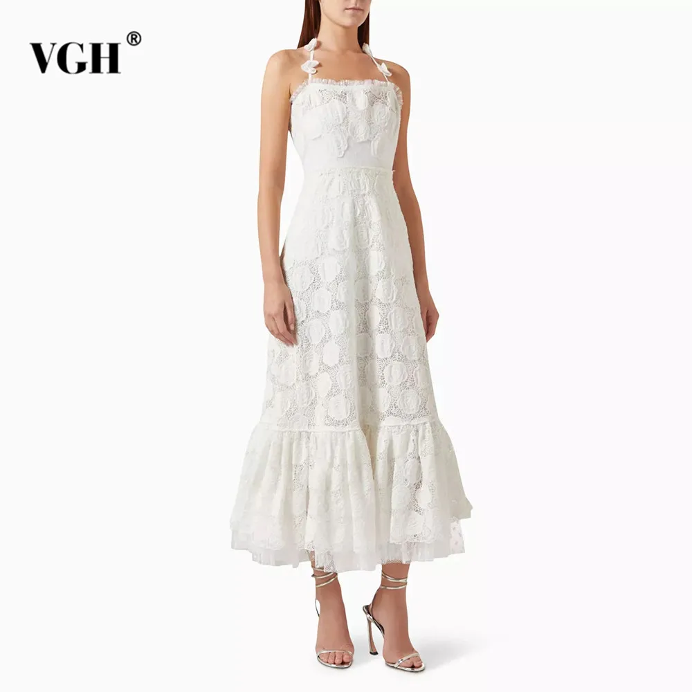 

VGH Solid Patchwork Lace Up Backless Dress For Women Strapless Sleeveless High Waist Minimalist Elegant Long Dresses Female New