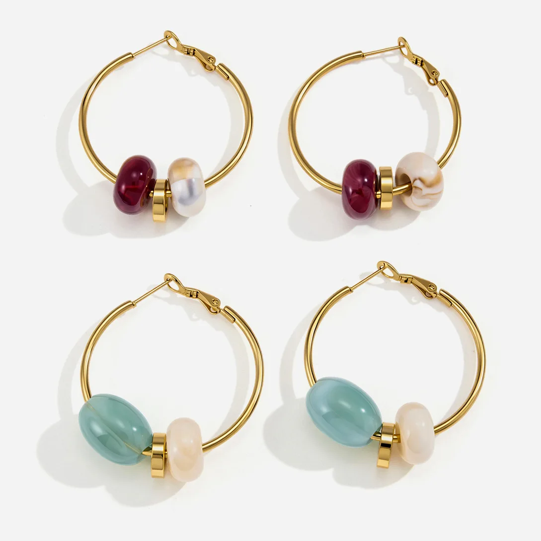 

New Fashion Resin Beads Hoop Earrings for Women Minimalist 18K Gold Plated Stainless Steel Earrings Charm Jewelry Gift