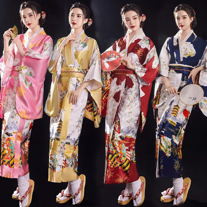 

8 Color Women Japanese Style Kimono Yukata Sleep Wear Peacock Satin Thin Long Nightgown Robes Traditional Adult Loose Clothing