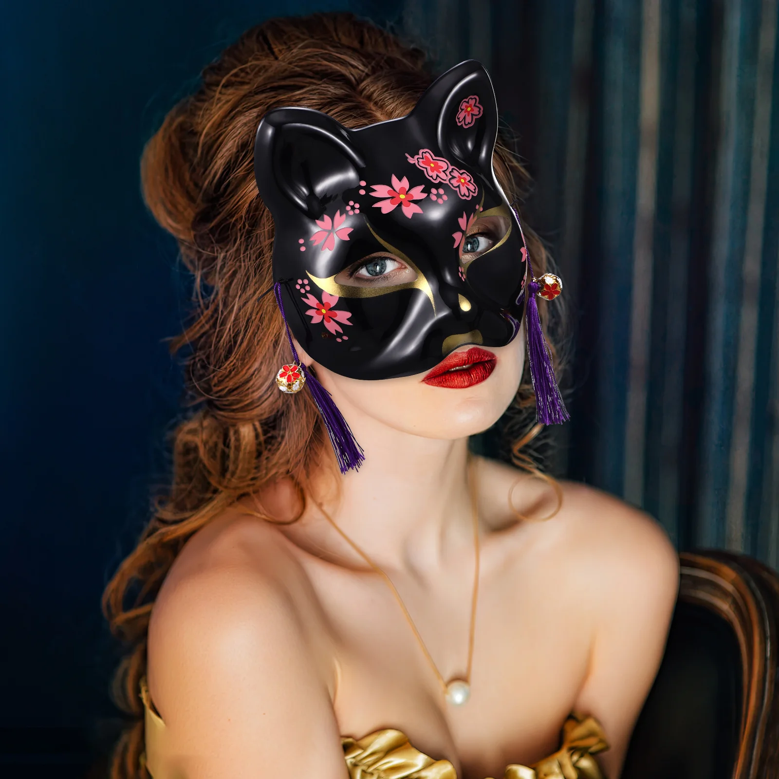 2 szt. Japońskie maski Kitsune z motywem kota Sakura, maska na pół twarzy, lekka i wygodna, idealna na Halloween i imprezy kostiumowe.