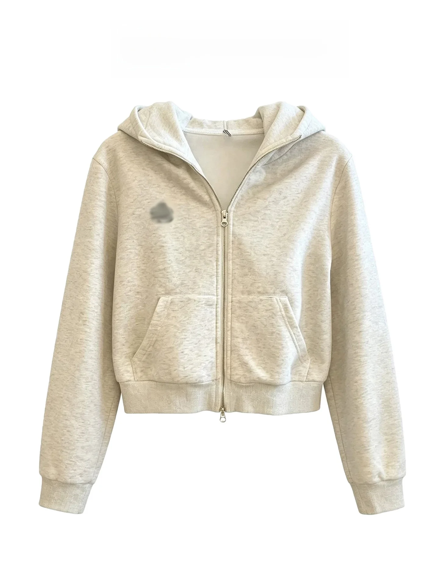 Retro American College Style Short Grey Hoodie Jacket Women's Loose Long Sleeve Open Cardigan Top Casual Straight Cut