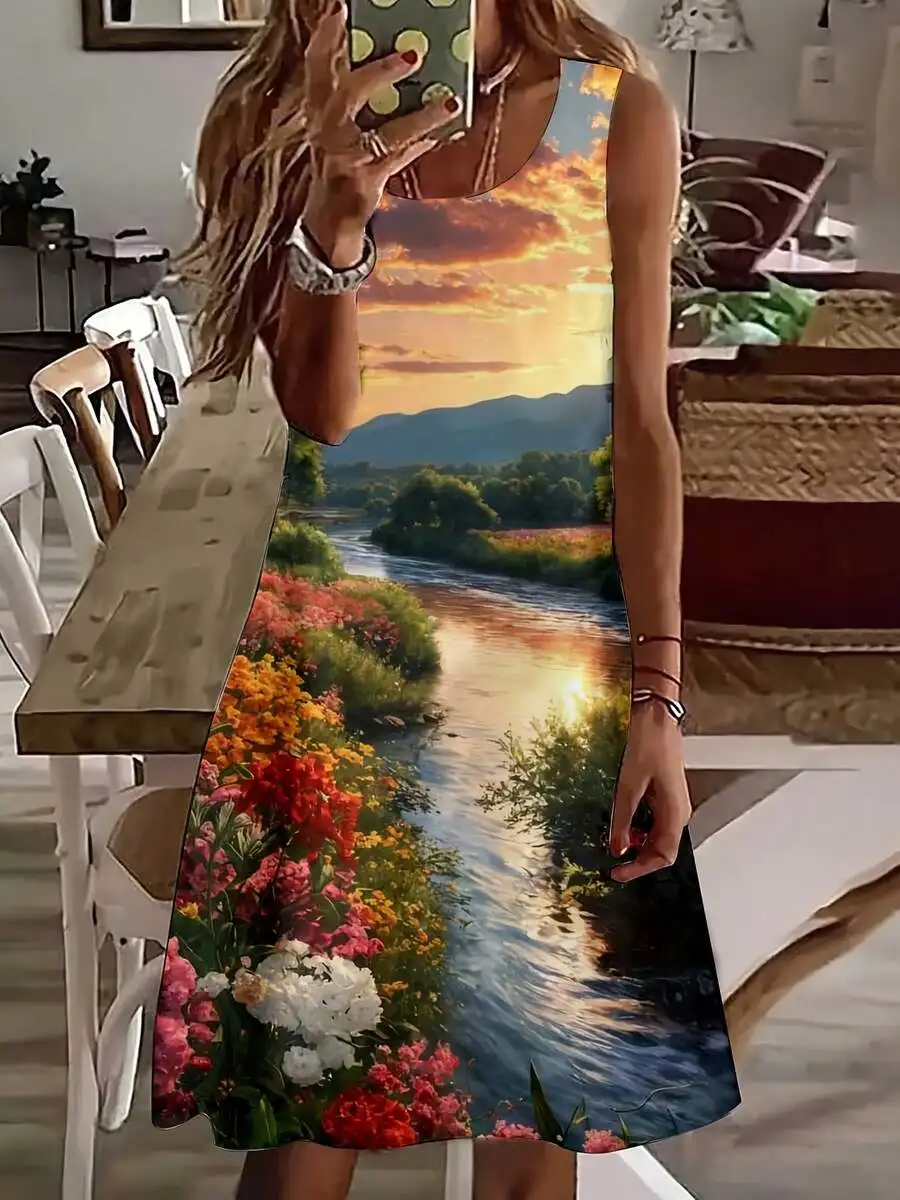 

Women Sleeveless River Sunset Floral Print Dress Summer Vacation