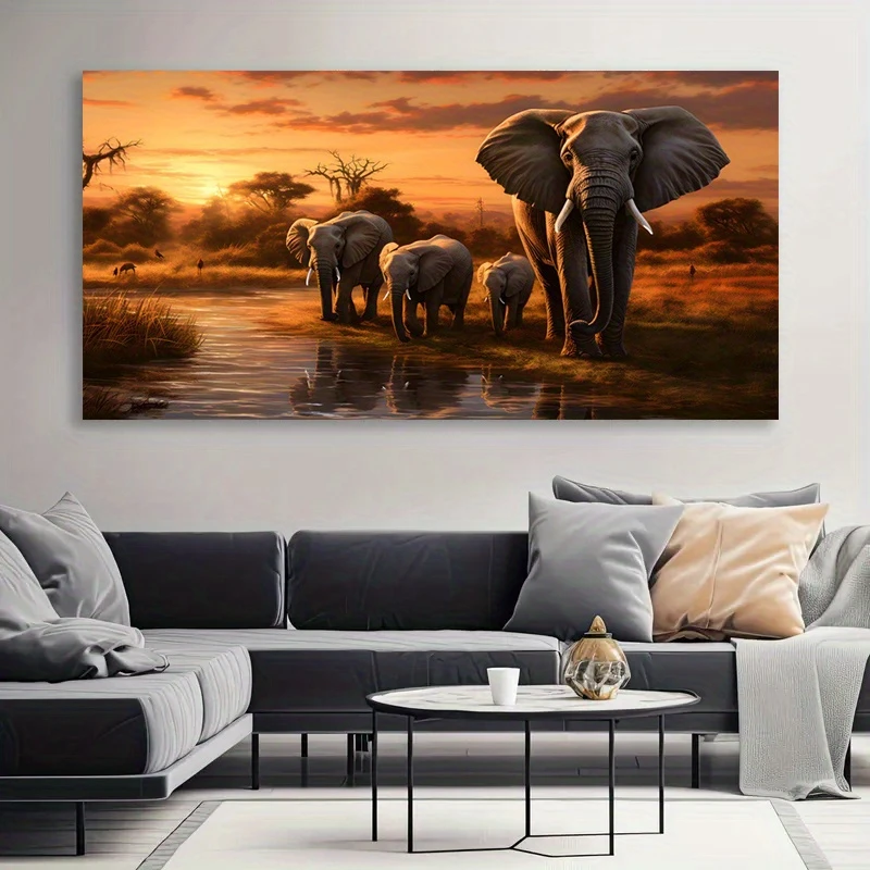 Sunset Elephant Herd Poster and Prints Modern Animal Art Canvas Painting Wall Art Picture for Living Room Home Decor Gift