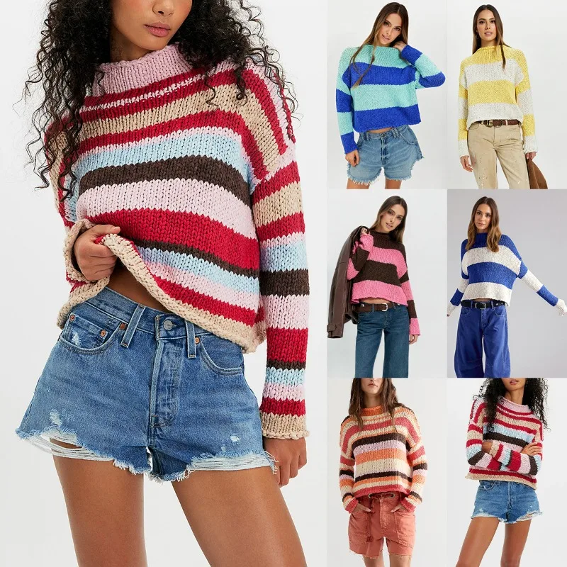 2026 Autumn and Winter Knitted Sweater Intercolor Striped Loose Women's Sweater