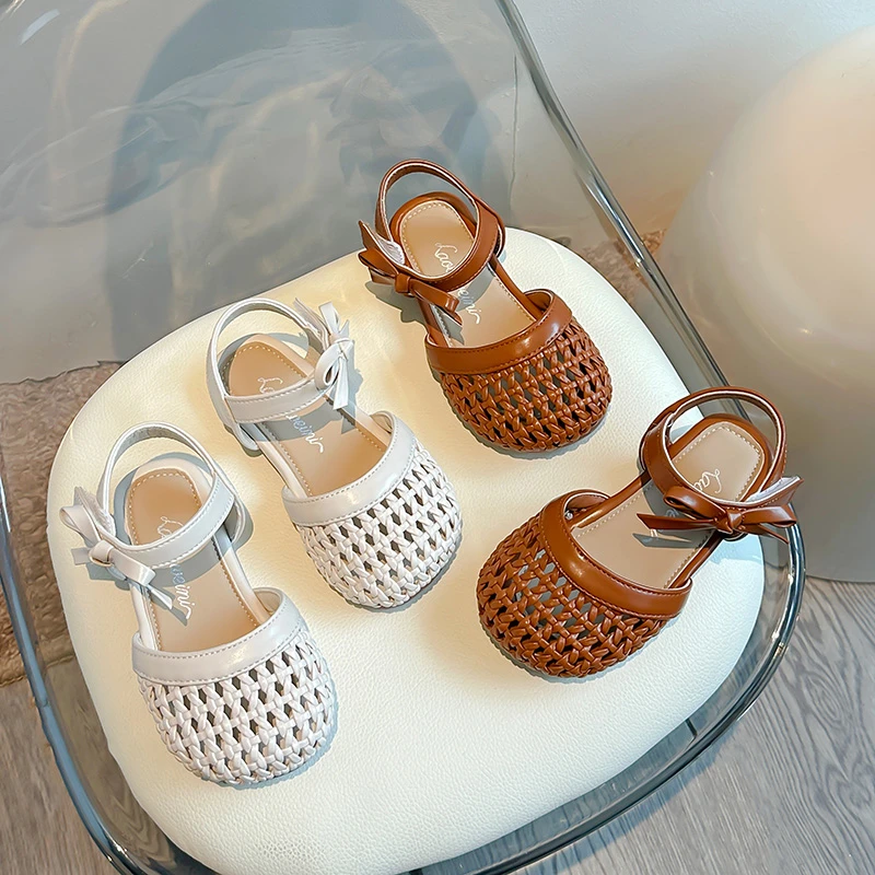 Summer Girls Sandals Sweet Bowknot Woven Kids Mary Jane Sandals Princess Hollow Out Children's Beach Flat Sandals School Party