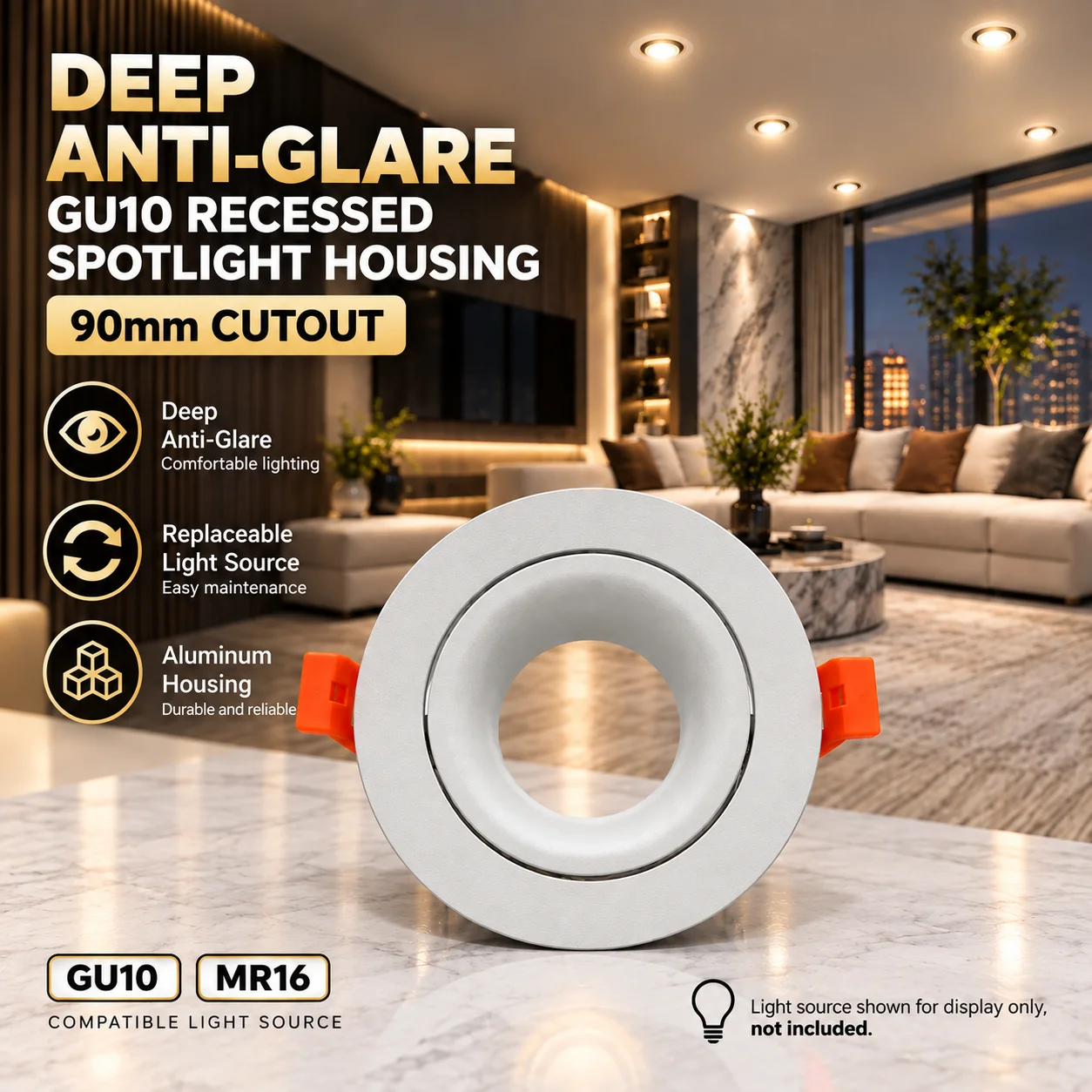 90mm Cutout GU10 Recessed Downlight Frame Deep Anti Glare Aluminum Spotlight Housing Replaceable Light Source Ceiling Lamp Holde
