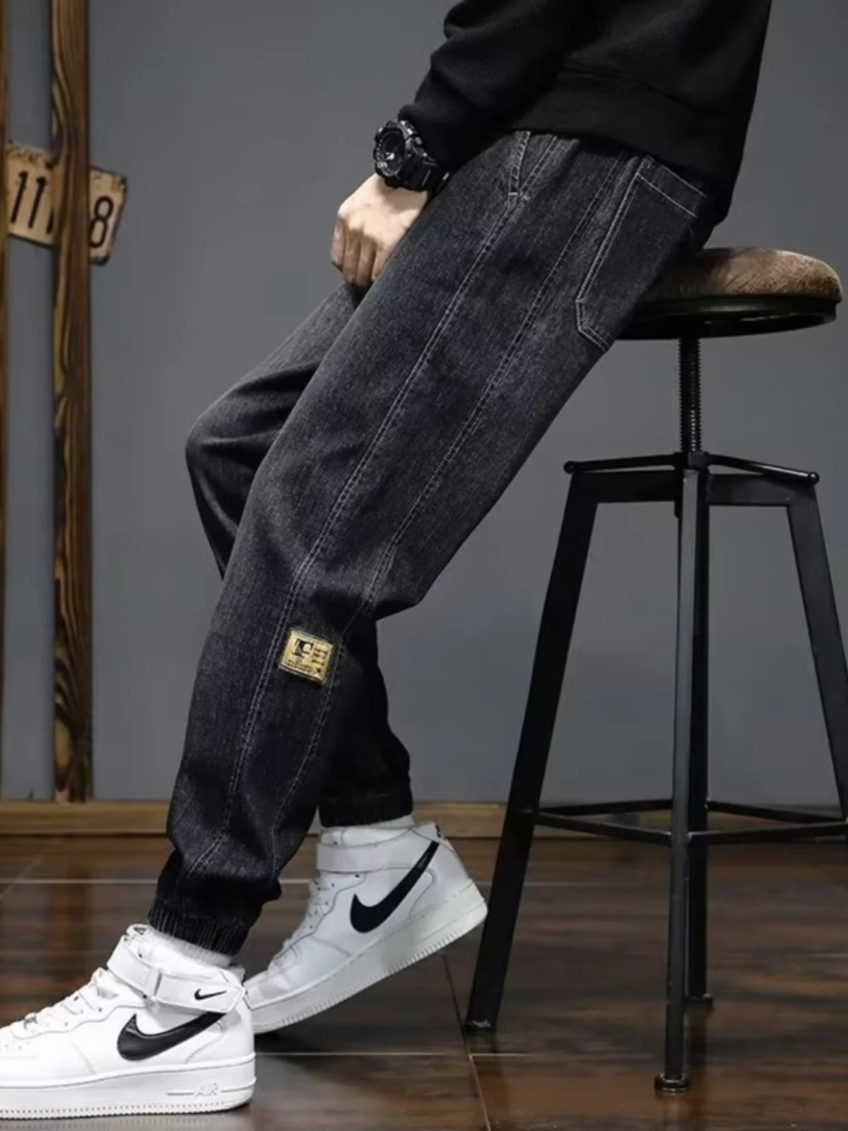 

Casual Harajuku Sle Men's Workwear Jeans Loose Fit Versatile Trousers with Dstring Wide Leg Long Pants for Youth