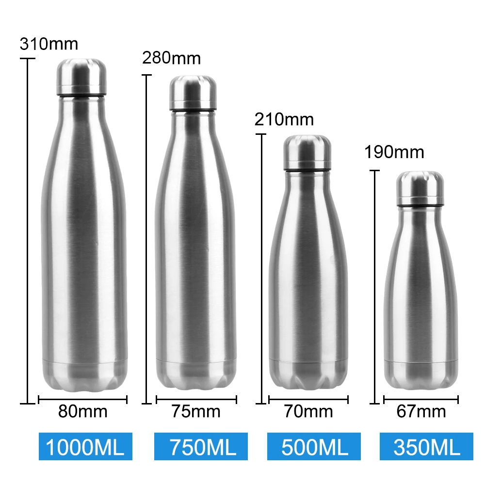 Single Wall Water Bottle 350ML 500ML 750ML 1000ML Stainless Steel Vacuum Flask Water Kettle Cola Drink Bottle For Travel Sports