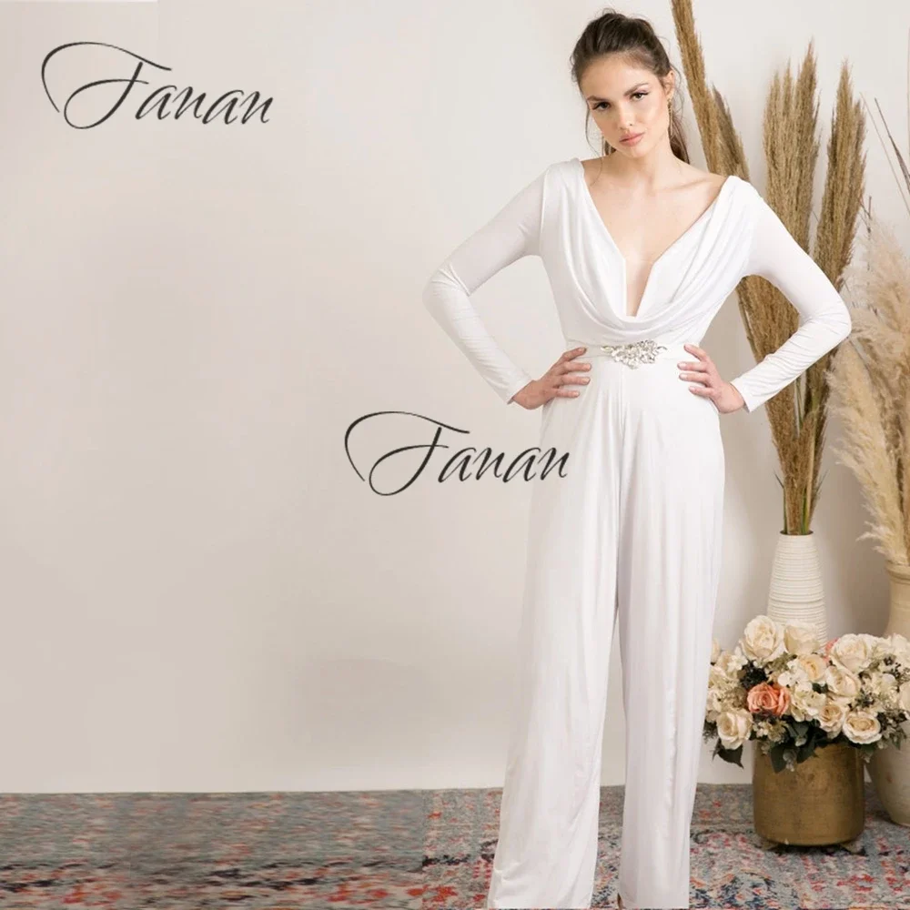 Moderne Diepe V_neck Lange Mouwen Trouwjurk Jumpsuits Chiffon Jurk Voor Bruid Met Kristallen Enkel Lengte