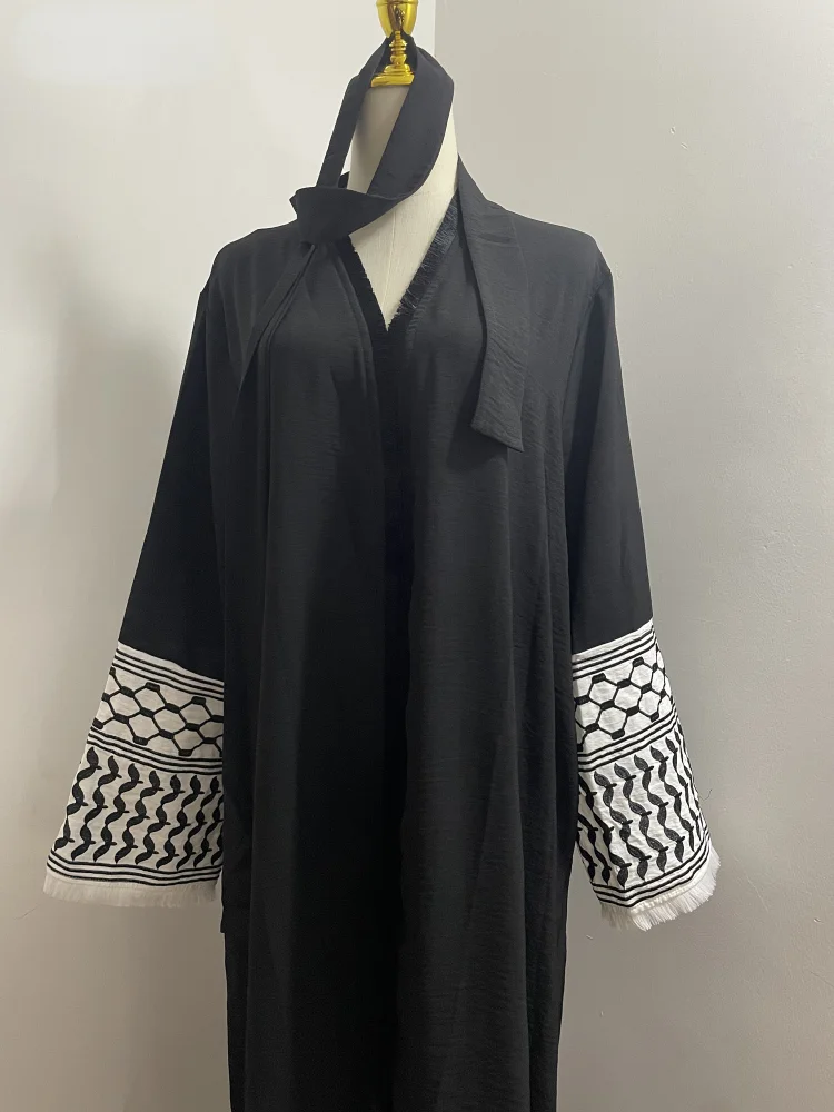 2024 New Soft Crepe Embroidery Palestine Kefiyyeh Abaya Ramadan Tassel Dubai Abaya Women Muslim Dress Modest Islamic Clothing