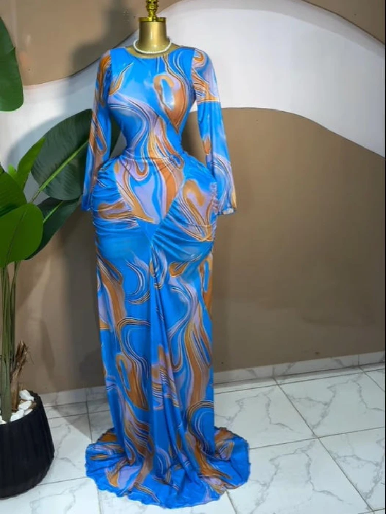 Femmes élégantes cravate colorant imprimé empilé froncé à manches longues Midi moulante Maxi longue robe fête d'anniversaire éducation robes à la mode