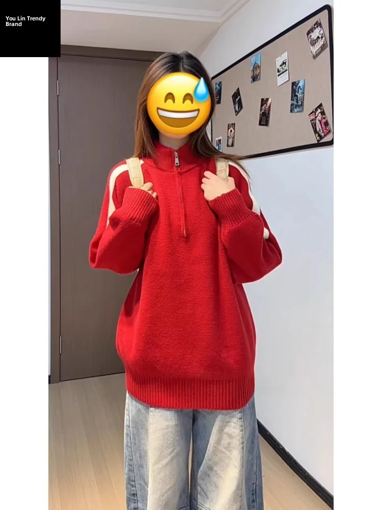 

Red f Zipper Stand Collar Men's Knitted Sweater Stripe Pattern Lazy Sle Super Year Match f High Collar Tead irt