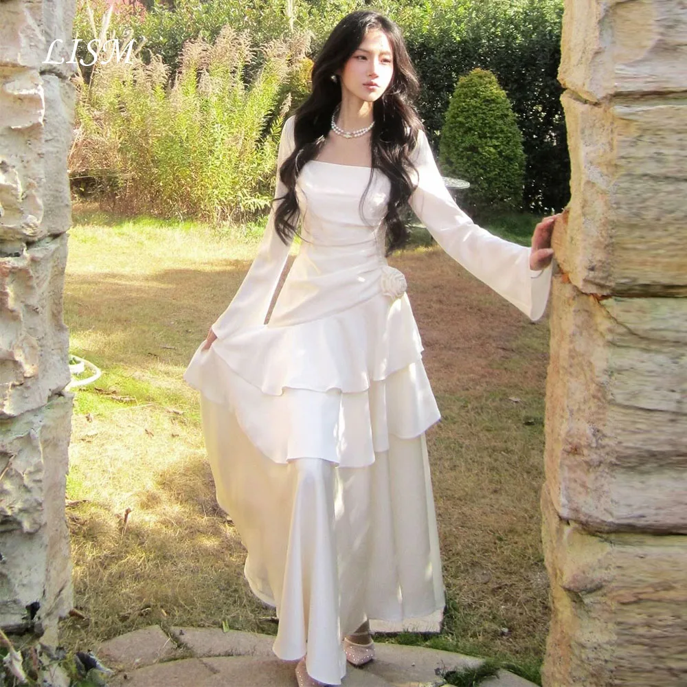 

LISM Square Collar Korea Wedding Dress Full Sleeves Customized Satin Silk Elegant Fairy Bridal Gown Photo Shoot 웨딩드레스