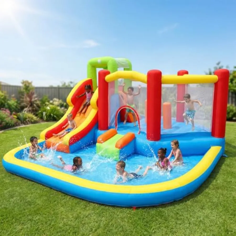 Backyard and indoor outdoor use inflatable bouncy castle with blower, PVC material, blue and red color, large bouncy area with