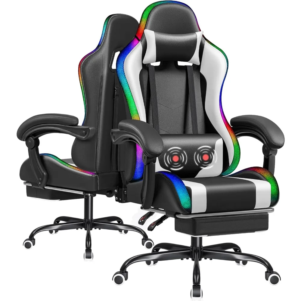 

Gaming Chair with RGB LED Lights, Video Game Chair with Footrest and Massage Lumbar Support, High Back Reclining Computer