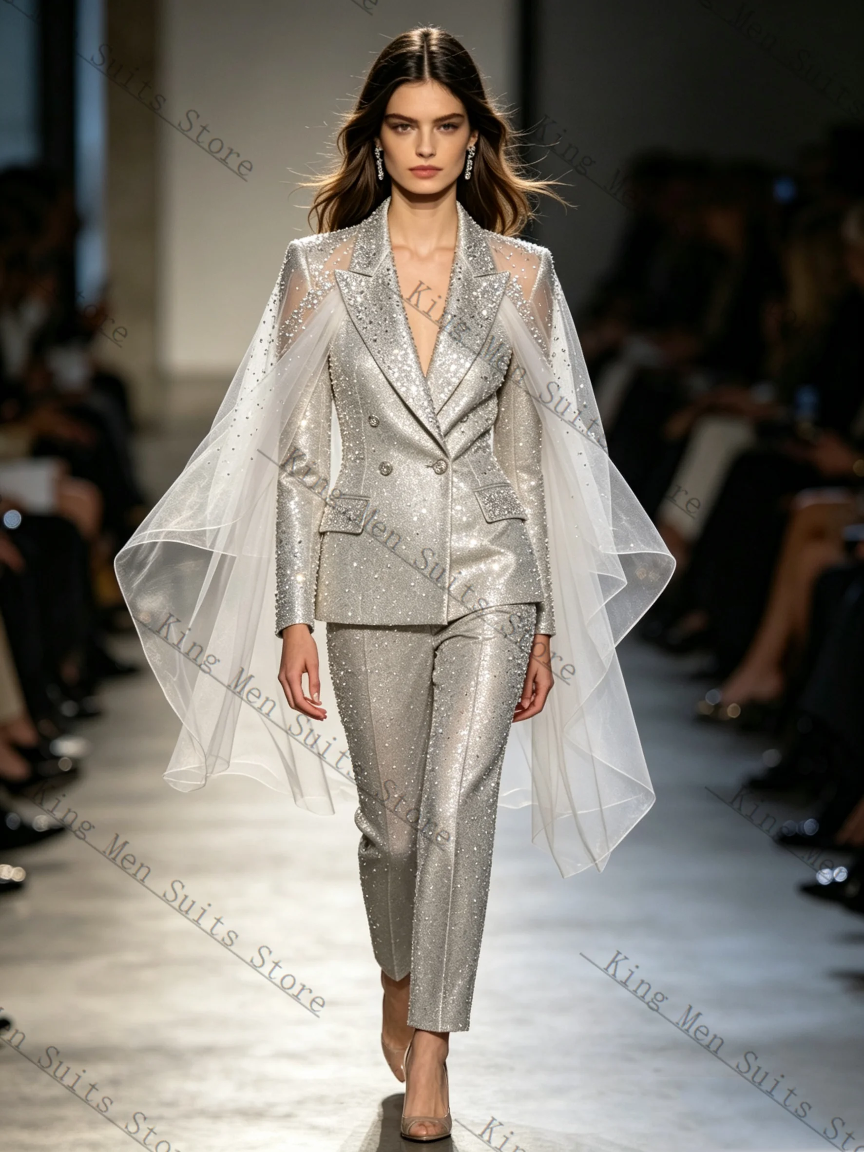 

Silver Wrap Cape Women Suit Set 2 Pcs Blazer Pants Trousers Catwalk Customized Formal Office Wedding Tuxedos Coat Jacket