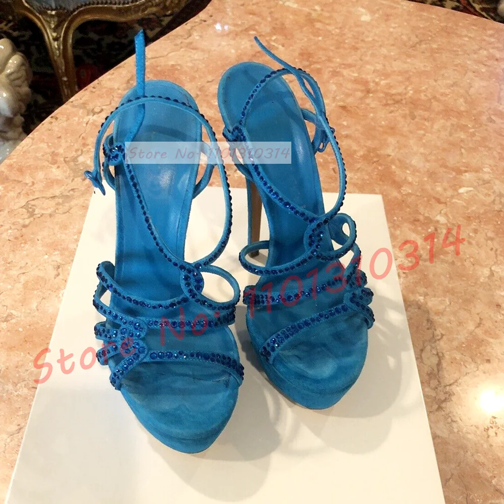 Sandali con plateau in pelle scamosciata di cristallo blu donna Bling Cross Strap Stiletto tacchi alti scarpe Ladies Party Casual eleganti sandali