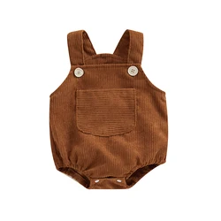 Newborn Baby Girls Boys Corduroy Rompers Solid Color Pocket Sleeveless Straps Jumpsuits Clothes Summer Baby Overalls Clothing