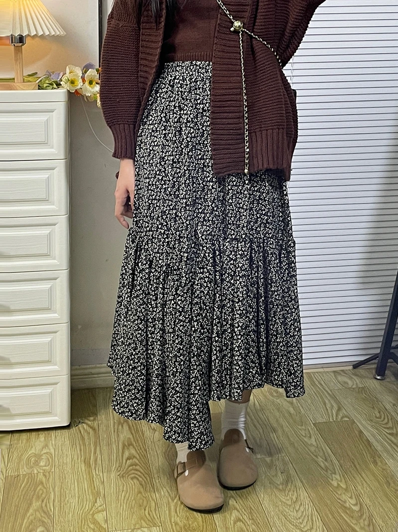 

plus Size Floral A-Line Midi Skirt Women's Spring Summer High Waist Elastic Waist Casual Vintage Sle plus Size f Body Skirt