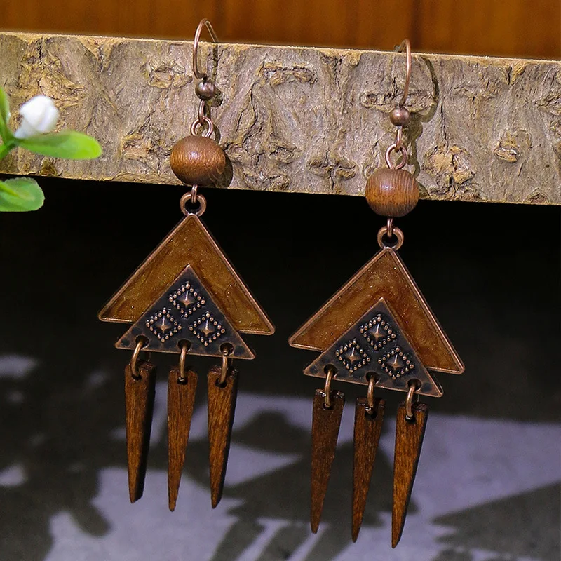 Ethnic Bohemian Vintage Wooden Beaded Dangle Earrings For Women Geometric Hoop Tassel Antique Gold Color Earrings Pendientes view 4