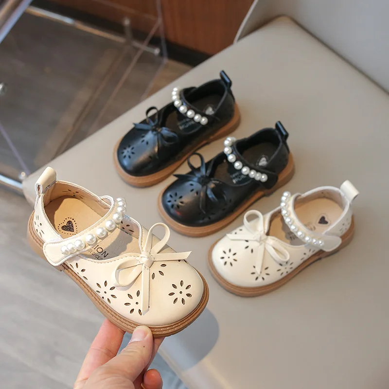 

Toddlers Girls Leather Shoes Little Kids Casual Flats Princess Sweet with Pearls Beading Bow-knot 2026 Dress Party Shoes Soft