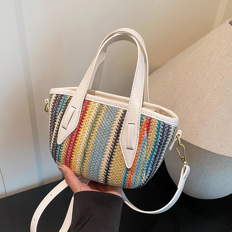 

Bohemian Striped Straw Mini Tote Bag for Women Colorful Woven Crossbody Bag Handbag with Top Handle for Summer Beach Travel