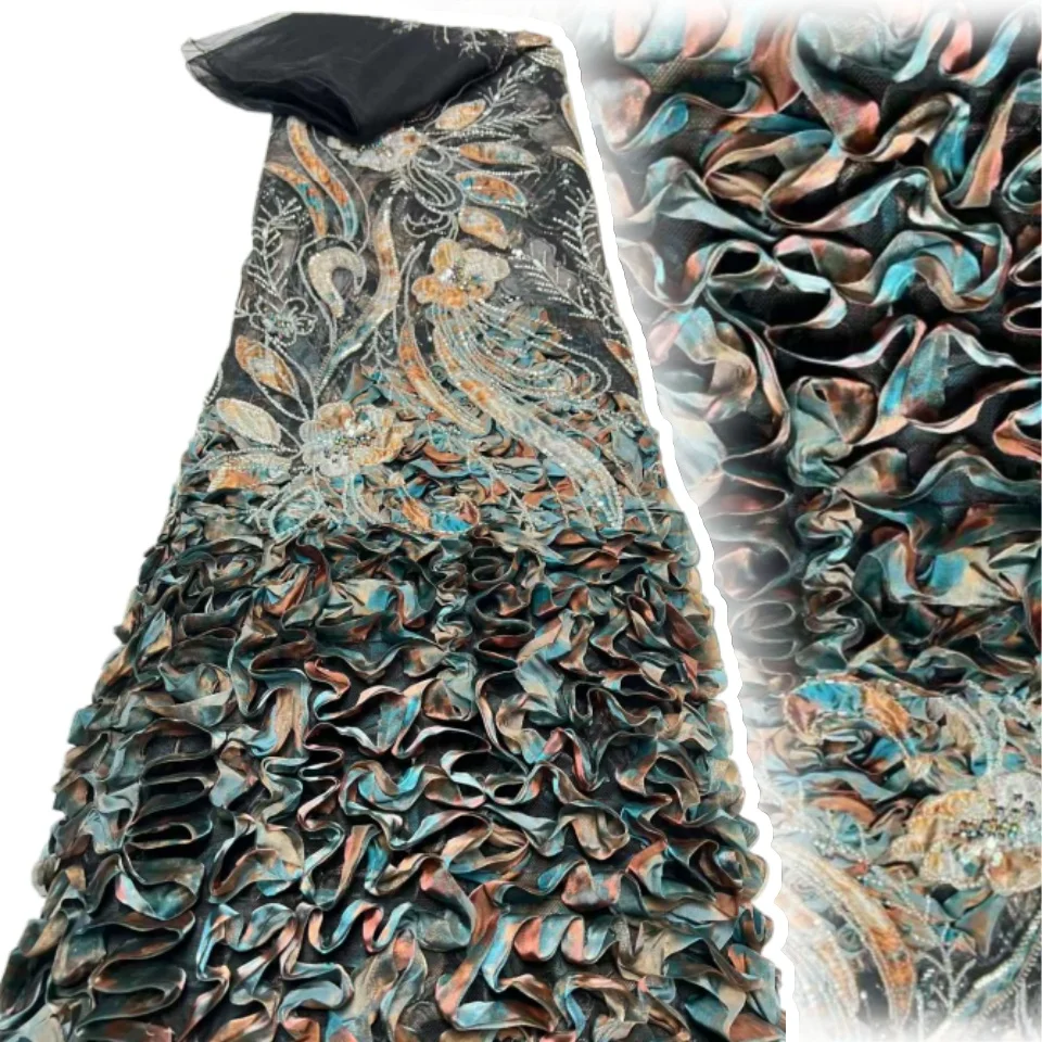 5 Yard Kain Bordir 3D Elegan Nigeria Afrika Berkualitas Tinggi Kain Renda Tulle Perancis dengan Payet untuk Pesta Pernikahan C1631