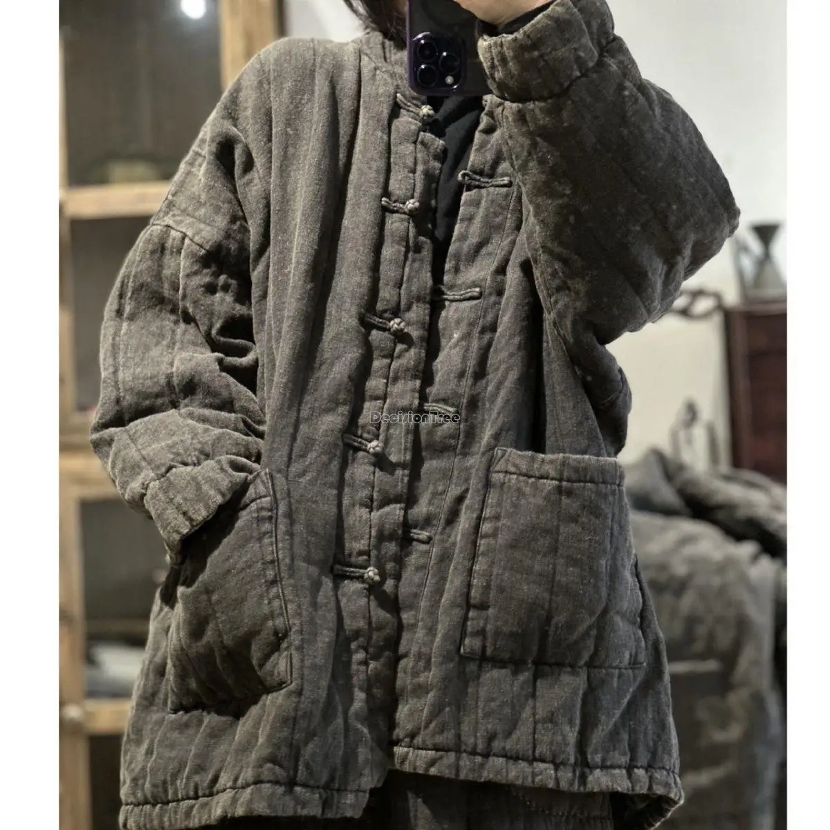 2023 winter chinese style long cotton-padded jacket vintage linen stand collar cheongsam button women cotton-padded coat s931