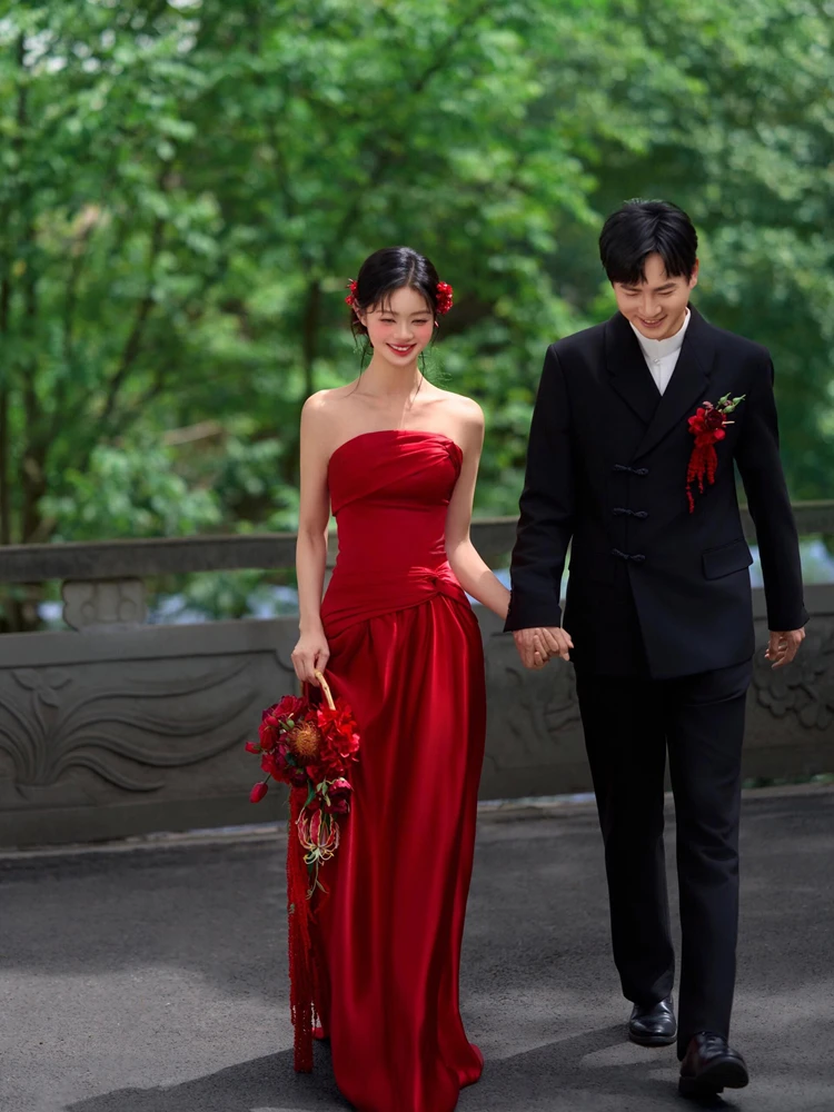 

Красное вечернее платье для помолвки, женское, роскошное, элегантное, без бретелек, свадебное, в качестве подарка, летнее, мода 2025 года