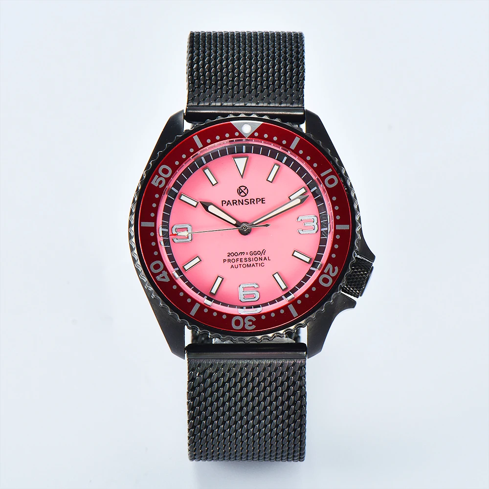 PARNSRPE SK007 Series orologio da uomo NH35 movimento Super luminoso luminoso quadrante digitale rosa lunetta rossa orologio meccanico automatico