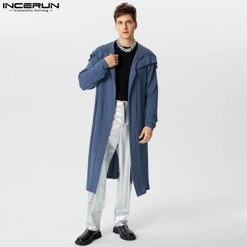 2024 INCERUN Knitted Large Lapel Cardigans Autumn Long Sleeve Solid Color Coats Men Casual Well Fitting Knee-length Sweaters