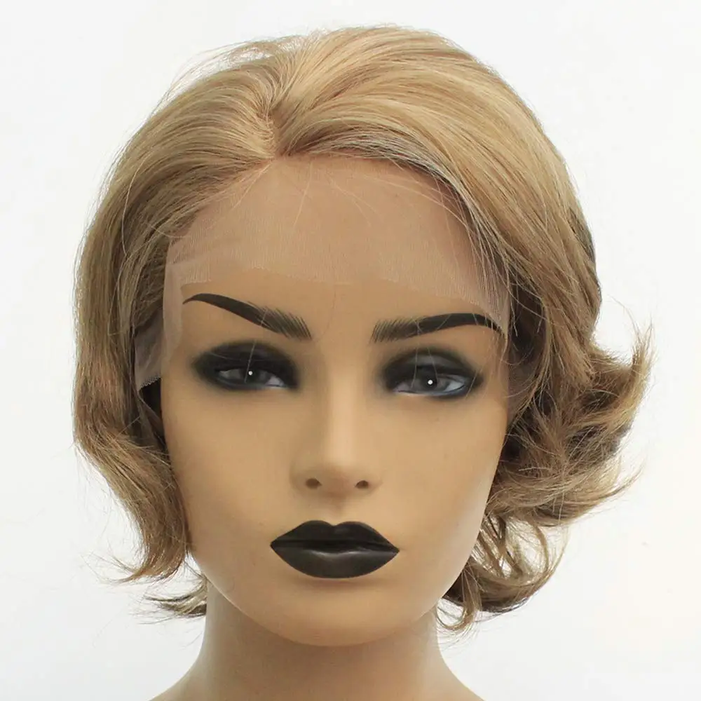 

Thiswig Short Cut Bob Synthetic Lace Front Wig for Women Blonde with Brown Highlight Side Part Natural Wavy Heat Resistant Fiber