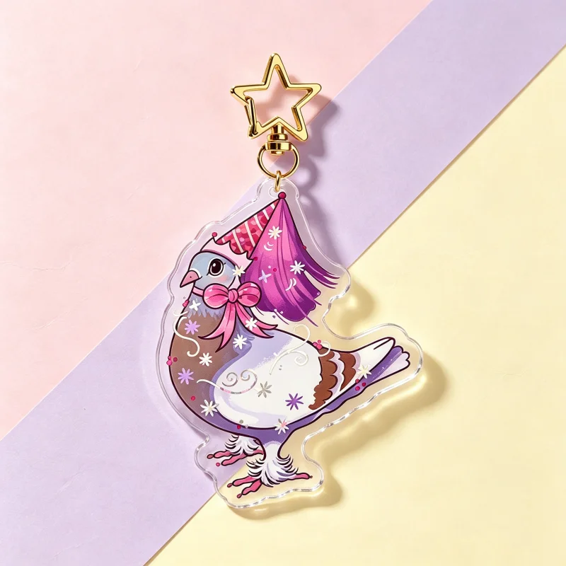 Princess Pigeon Acrylic Keychain Cute Fantasy Bird With Party Hat Bow Charm Keyring Cartoon Animal Bag Pendant Aesthetic Gift