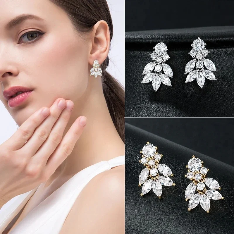 Huitan Luxury Geometric Stud Earrings for Women Full Crystal CZ Exquisite Bridal Wedding Accessories Fancy Gift Fashion Jewelry