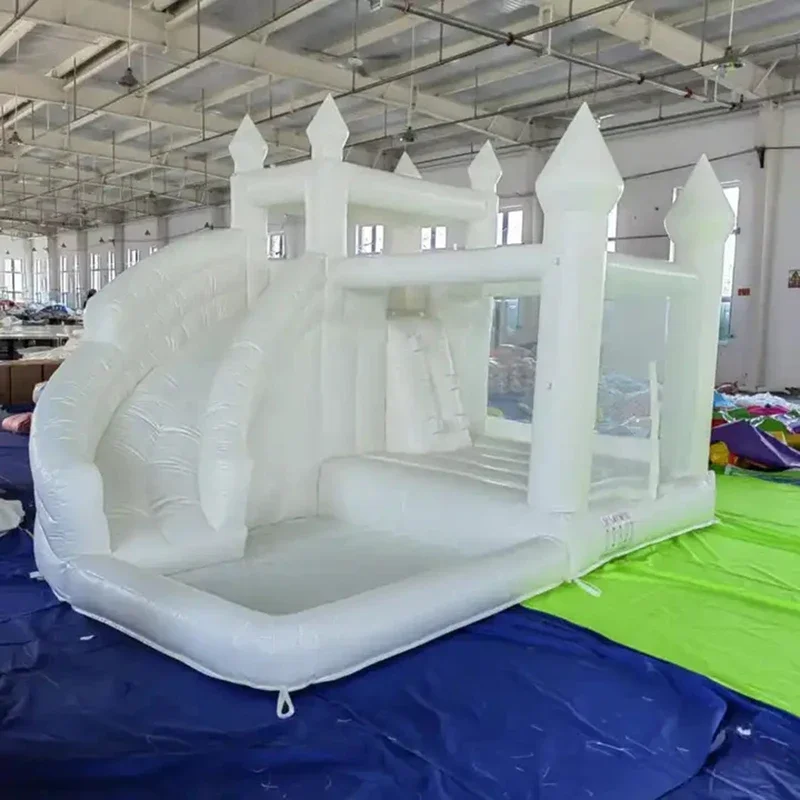 Casa de rebote blanca inflable comercial, castillo inflable para bodas al aire libre con combinación de rebote deslizante para fiestas y diversión, envío aéreo gratuito