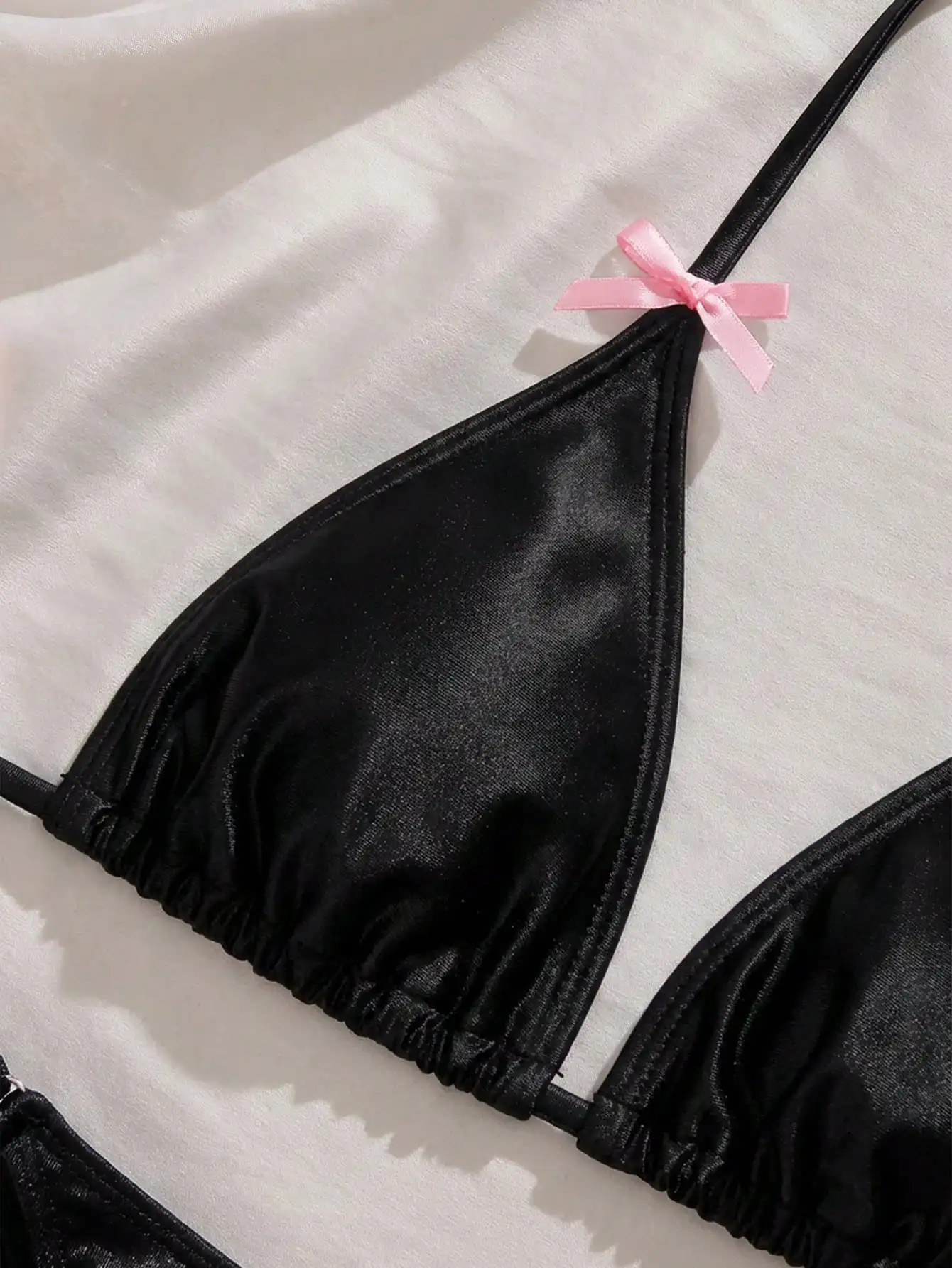 

Black Satin Triangle Bikini Set Featuring Delicate Pink Bow, Y2K Inspired Beachwear For Summer Vacations