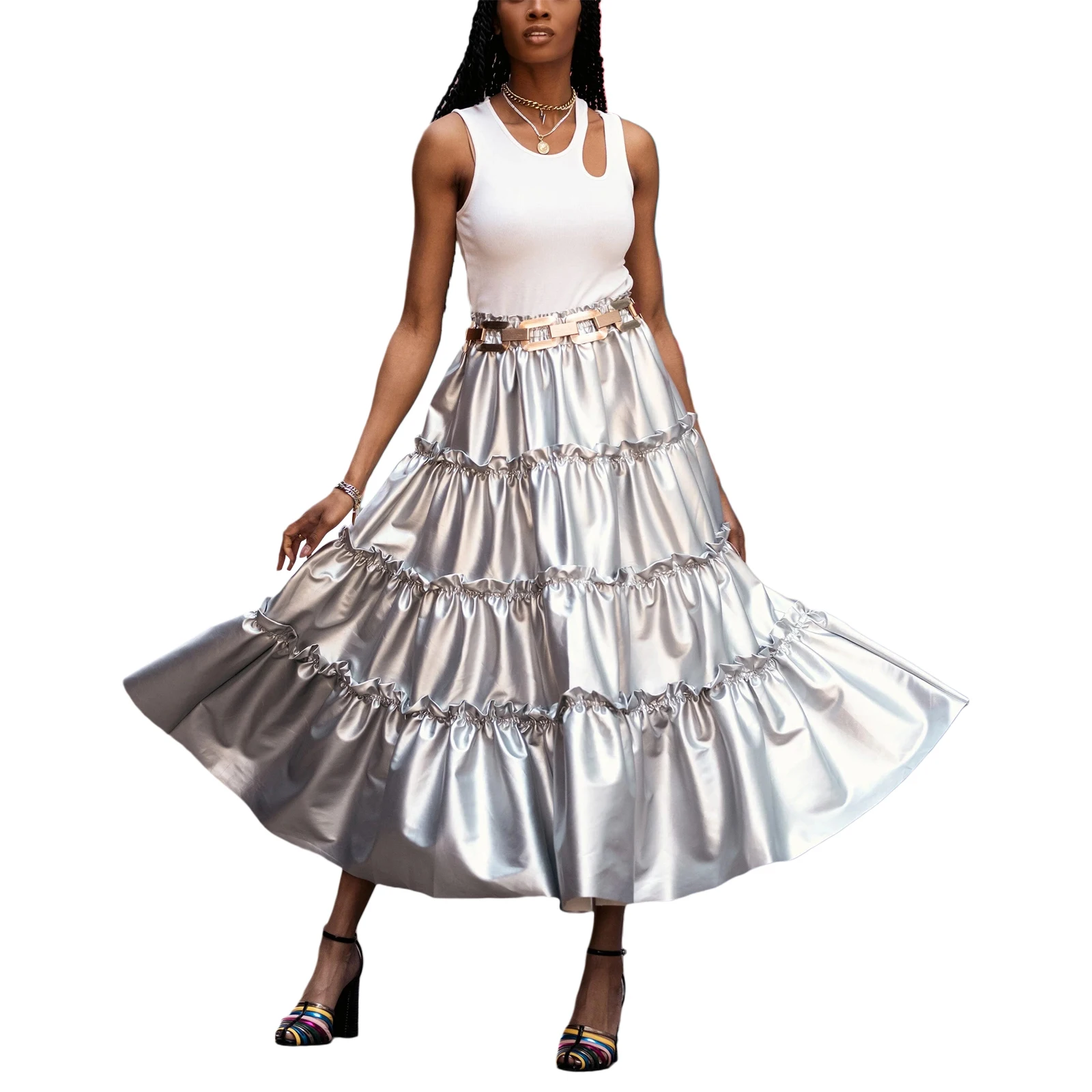 

Women's Summer Solid Color Cake Skirt Silver Tiered Metallic Pleated Flowy A-line Midi Skirt for Travel Party