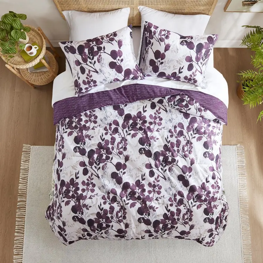 

Seersucker Botanical Queen Size Comforter Set, 3 Pieces Reversible Design Bed Comforter, Premium Microfiber Bedding Set, Comfort