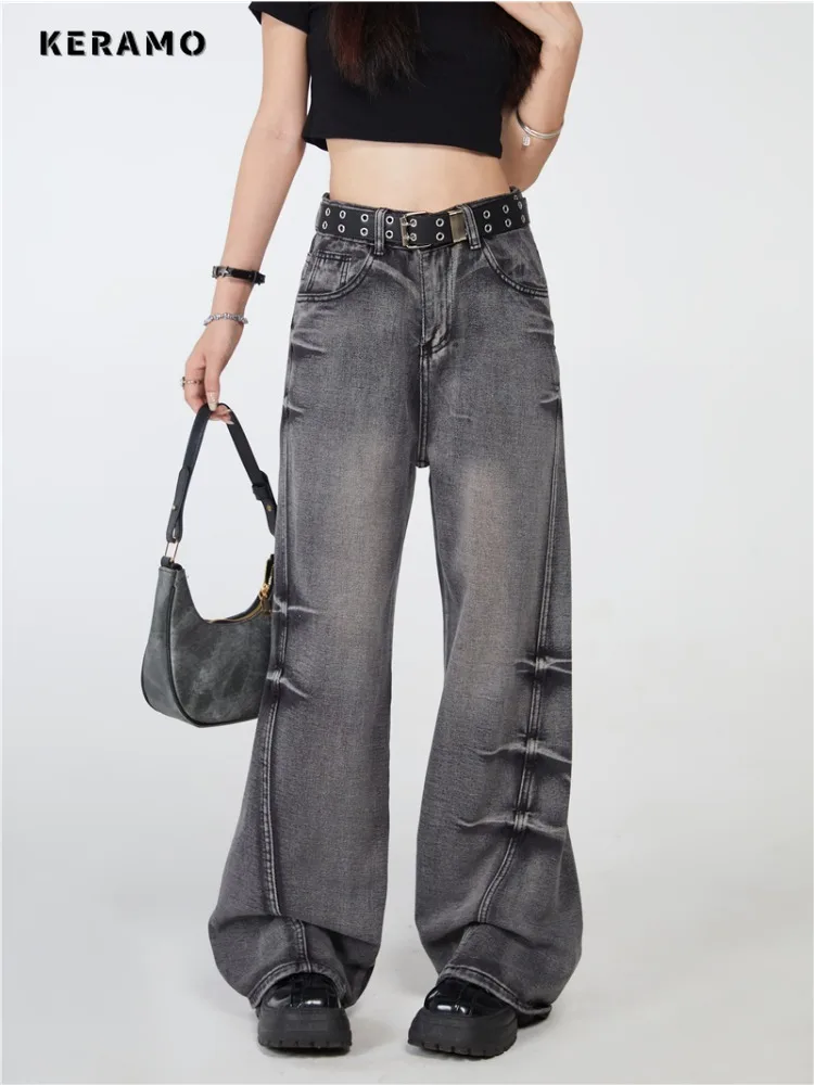 Women's Wide Leg Retro Baggy Denim Trouser Harajuku Solid Washed High Waist Loose Jeans 2024 Summer Casual 2000s Blue Pants